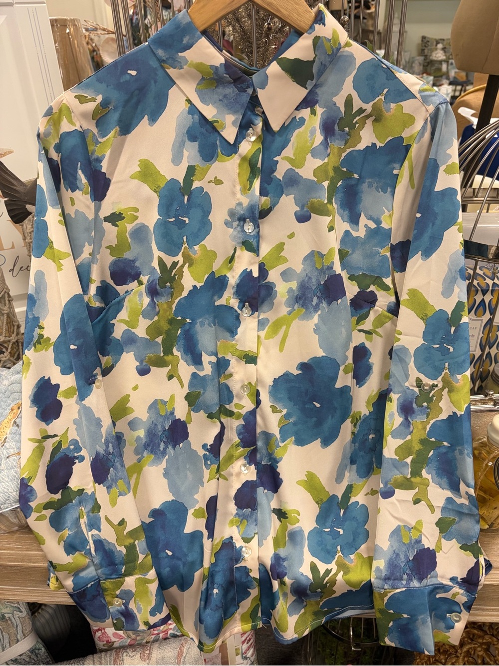 CHARLIE B Blue and Green Floral Button-Down Shirt